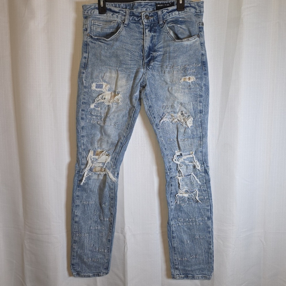 SMOKE RISE MEN SLIM FIT FASHION RIP & REPAIR DENIM JEANS 32x32
